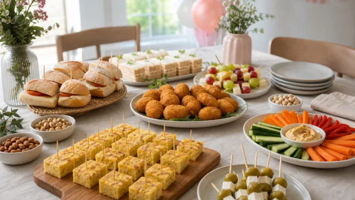Picoteo para cumpleaños en casa con tortilla, croquetas, bocadillos y brochetas