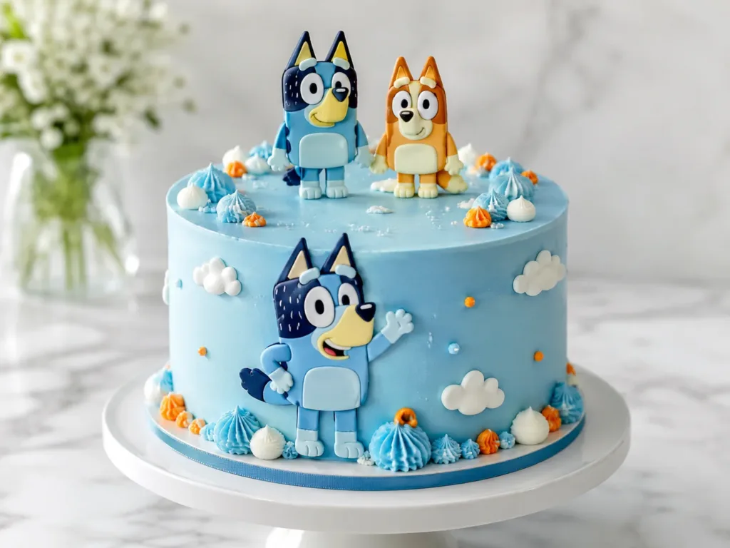 Tarta infantil azul inspirada en Bluey con decoración sencilla