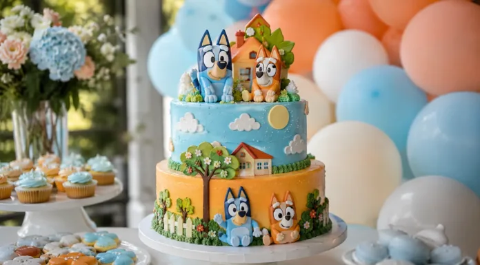 Tarta Bluey para cumpleaños: ideas bonitas y originales Tarta Bluey de cumpleaños decorada en tonos azules y naranjas
