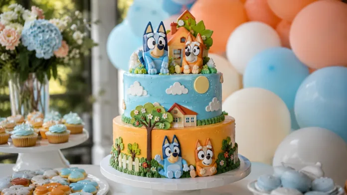 tarta-bluey-dos-pisos Tarta Bluey de cumpleaños decorada en tonos azules y naranjas