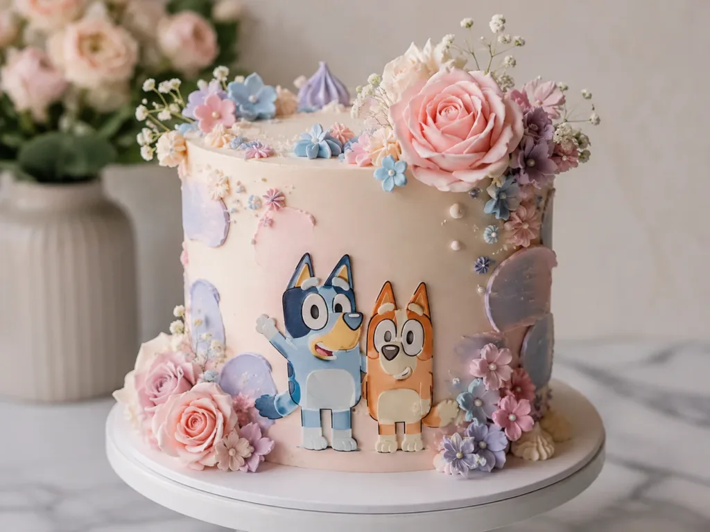 Bizcocho en con personajes infantiles y flores para una fiesta infantil