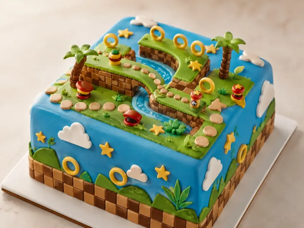 Tarta cuadrada azul con escenario, césped y anillos dorados