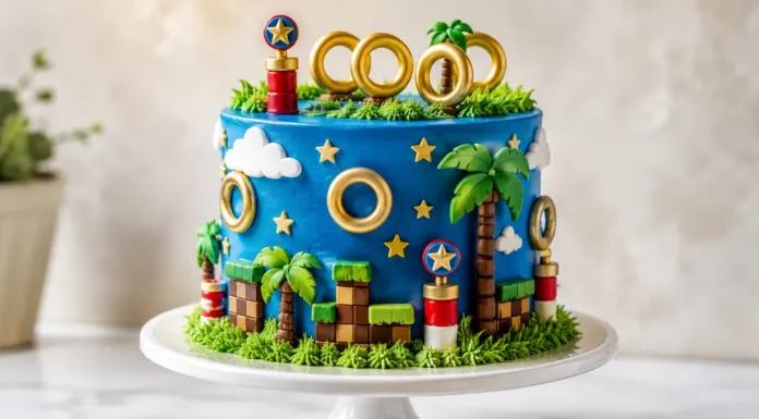 Tarta Sonic para cumpleaños: diseños y decoración para niños Tarta azul de cumpleaños con anillos dorados y decoración infantil