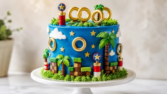Tarta azul de cumpleaños con anillos dorados y decoración infantil