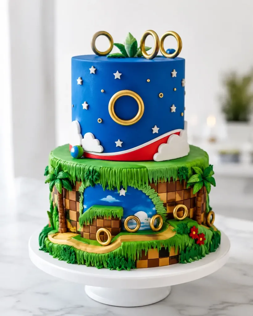 Tarta de dos pisos azul con anillos y decoración de videojuego