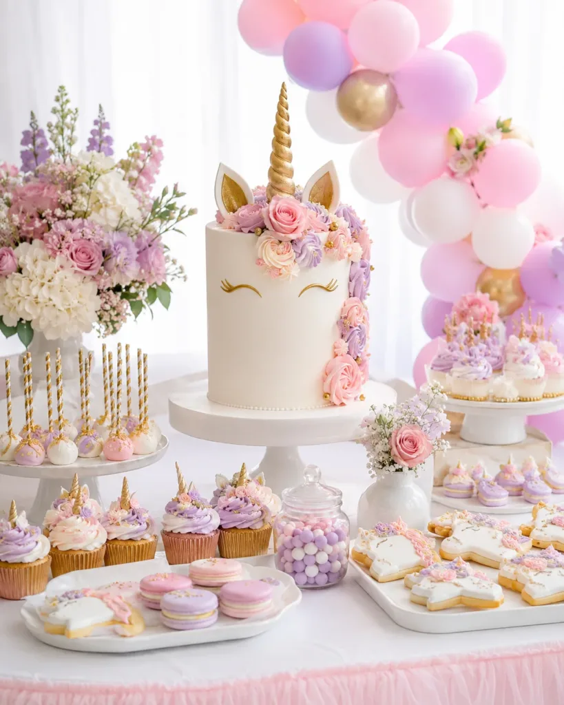 Mesa dulce con pastel de unicornio, cake pops, cupcakes, galletas y macarons en tonos pastel para cumpleaños infantil.