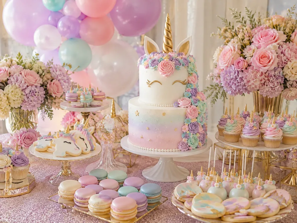 Tarta unicornio de dos pisos acompañada de flores de buttercream, globos pastel y cupcakes para una fiesta elegante.