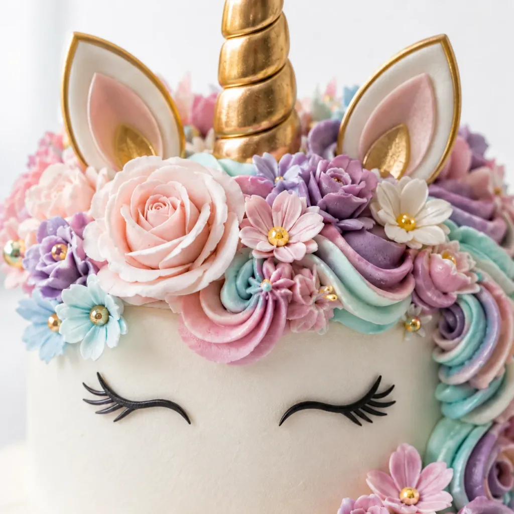 Primer plano de un pastel decorado con cuerno dorado, orejas y una melena de flores en colores suaves.