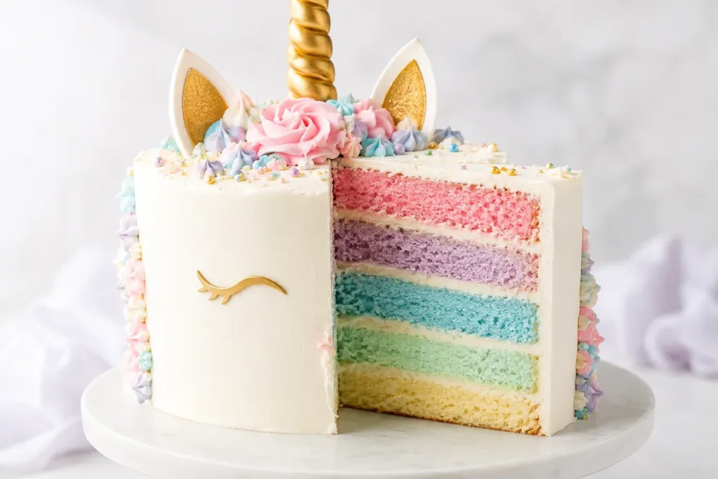 Interior de una tarta temática con capas de bizcocho pastel y cobertura blanca de buttercream.