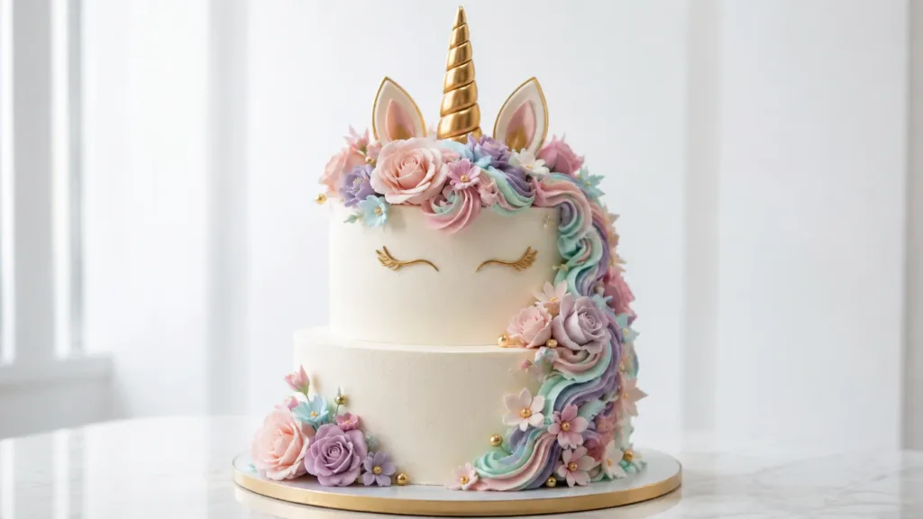 Pastel de dos niveles con cuerno dorado, melena de buttercream y flores rosas, lilas y azules.