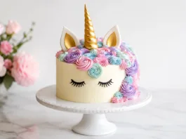 Tarta unicornio sencilla con cobertura blanca y decoración de crema en tonos rosa, lila y azul pastel.