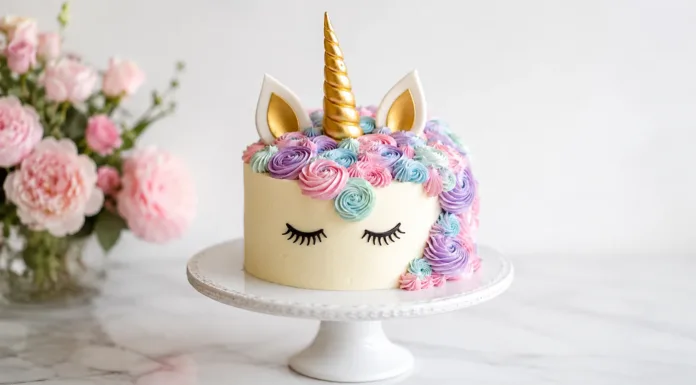 Tarta unicornio para cumpleaños: 35 ideas bonitas y originales Tarta unicornio sencilla con cobertura blanca y decoración de crema en tonos rosa, lila y azul pastel.