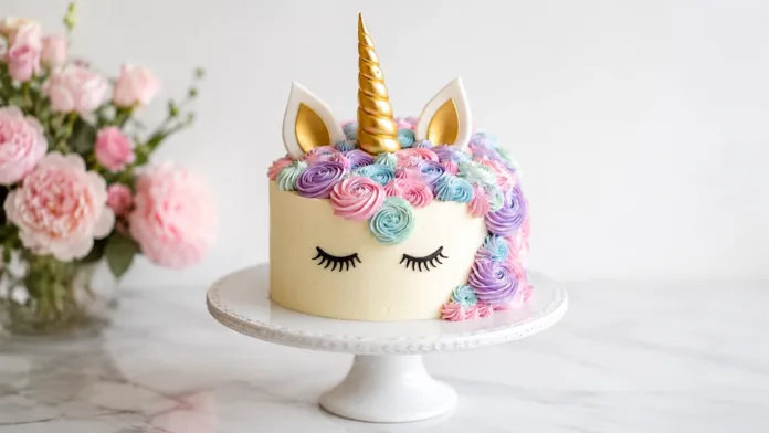 Tarta unicornio sencilla con cobertura blanca y decoración de crema en tonos rosa, lila y azul pastel.