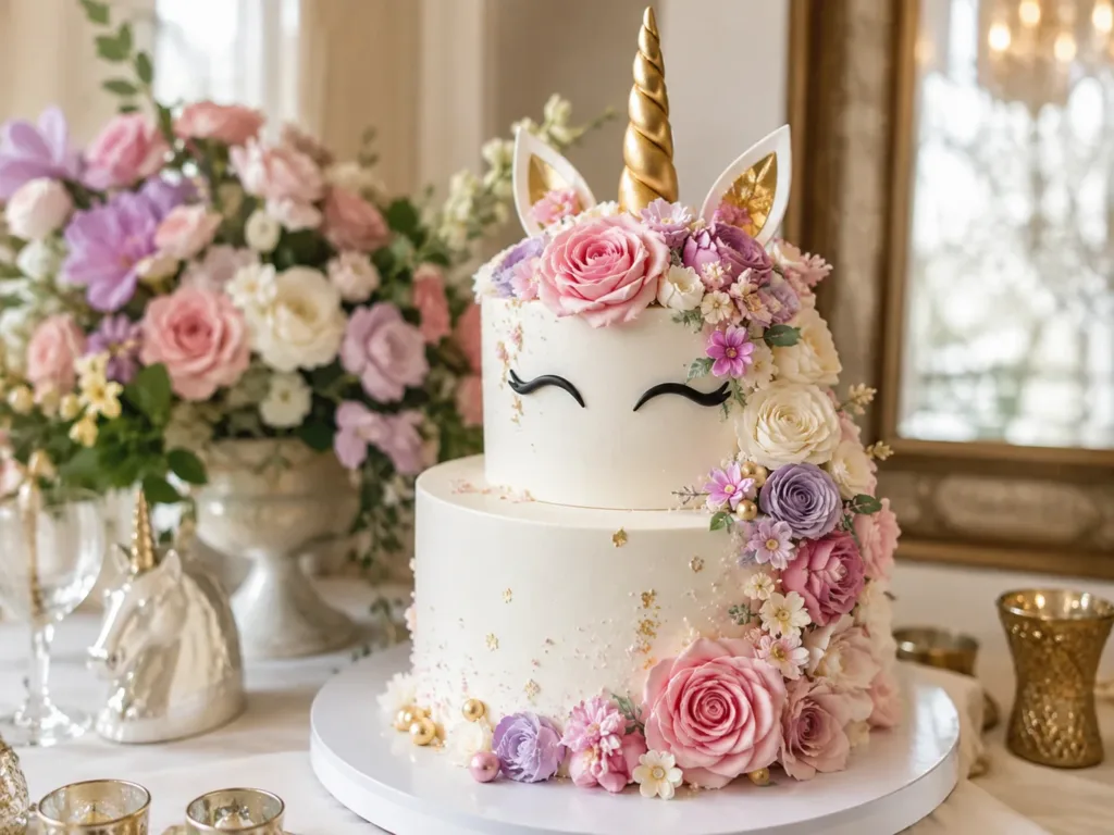 Diseño de repostería elegante con flores naturales, detalles dorados y acabado artesanal para una celebración.