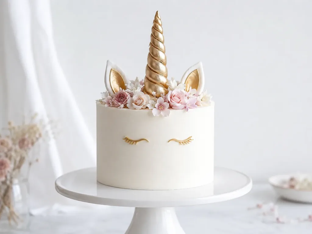 Decoración minimalista con cuerno dorado y pequeñas flores blancas y rosas sobre buttercream liso.