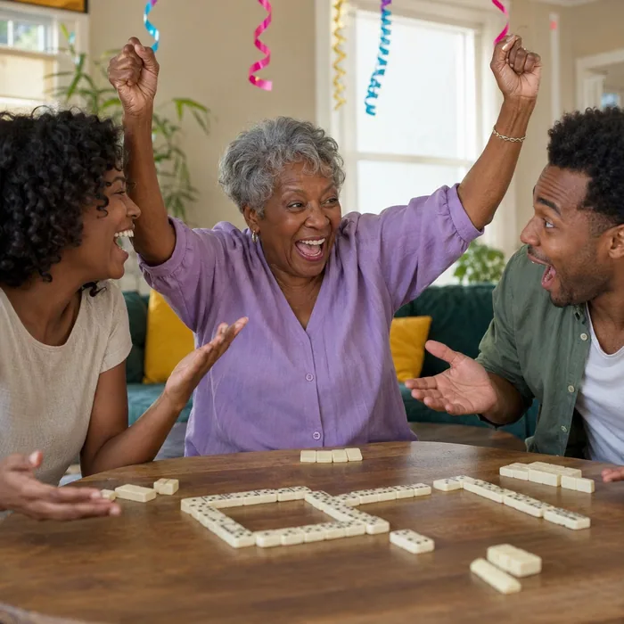 Abuela celebrando que ganó al dominó con su nieta y su nieto