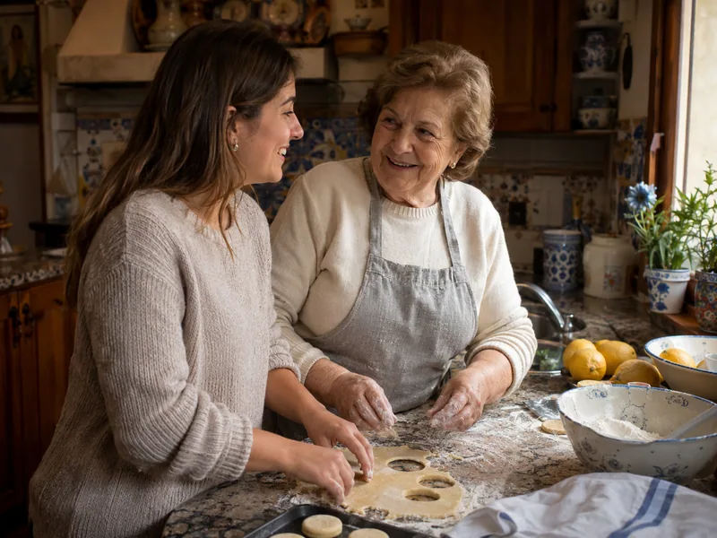Feliz cumpleaños abuela preparando una receta familiar con su nieta