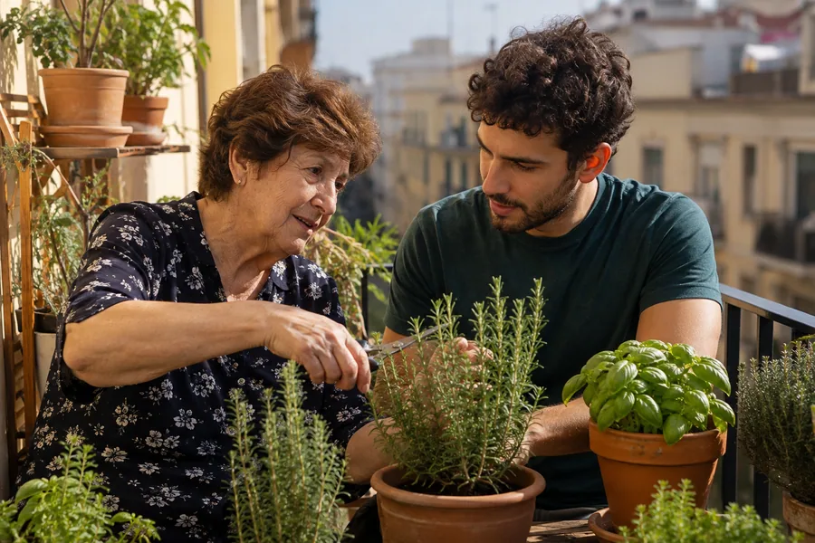 Feliz cumpleaños abuela compartiendo una tarde de jardinería con su nieto