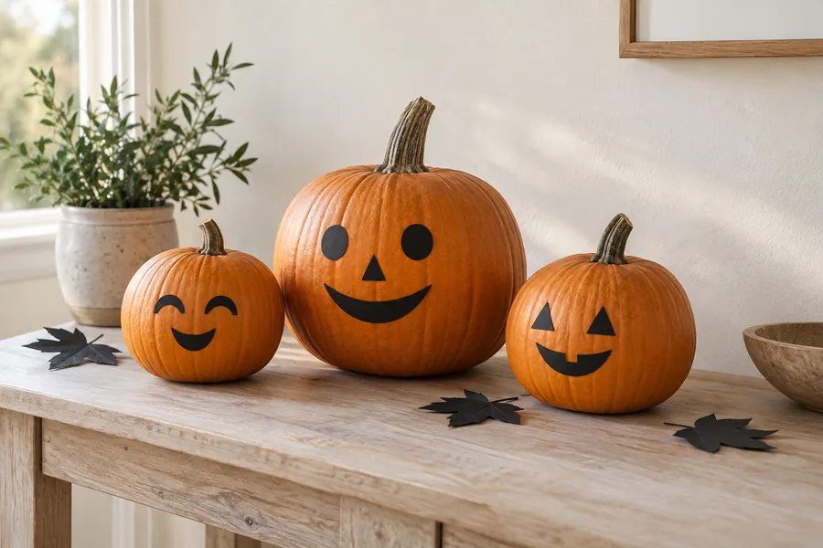 Calabazas enteras con caras hechas de papel negro