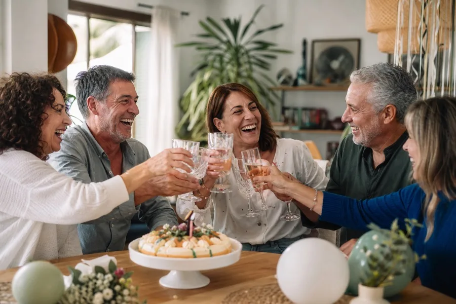 Amigos brindando durante una celebración de 50 años