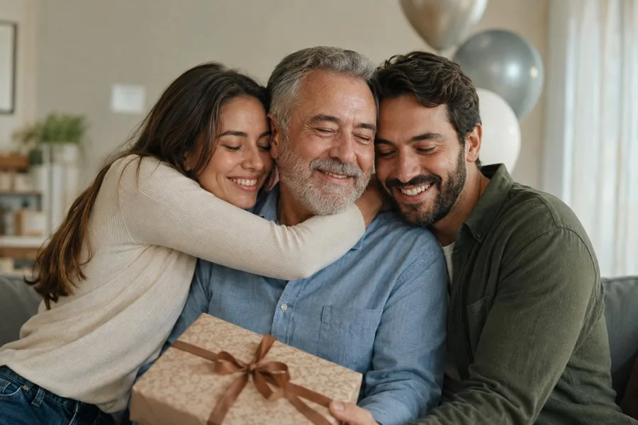 Hija e hijo abrazando a su padre durante su cumpleaños