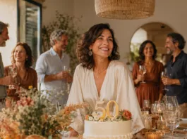 Celebración de feliz 50 cumpleaños en casa con familiares y amigos