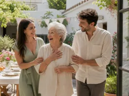 Feliz cumpleaños abuela al aire libre con su nieta y su nieto