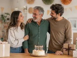 Padre celebrando su cumpleaños en casa con su hija y su hijo