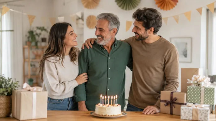 Padre celebrando su cumpleaños en casa con su hija y su hijo