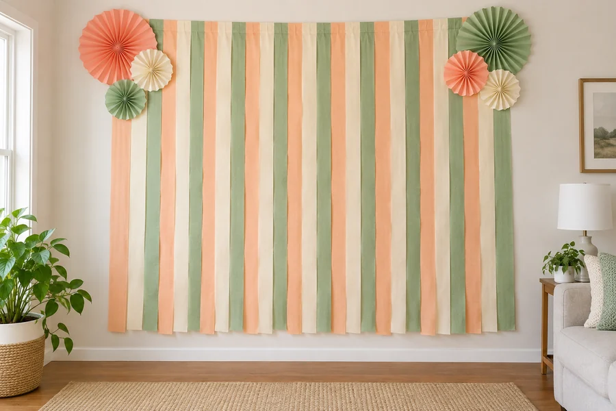 Fondo de papel para un photocall de cumpleaños en tonos melocotón, crema y verde salvia