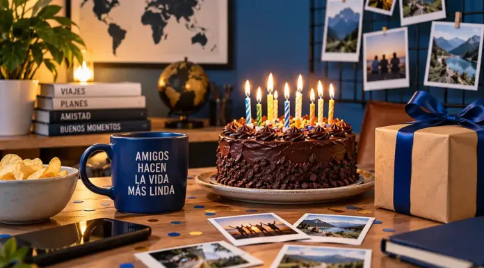 Tarta de cumpleaños con velas, regalos y recuerdos para felicitar a un amigo.