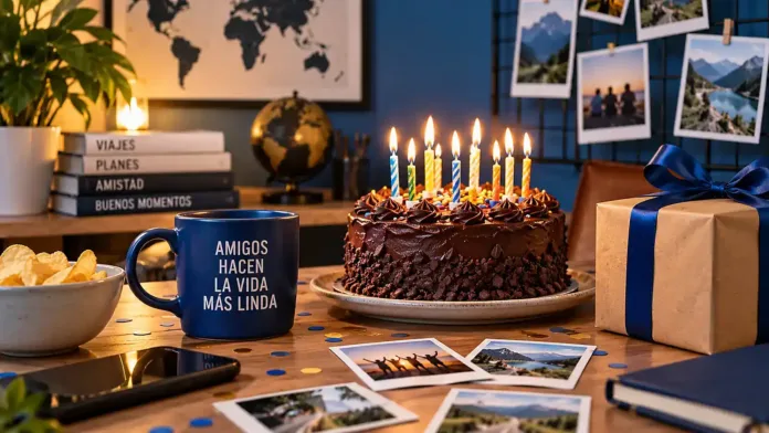 Tarta de cumpleaños con velas, regalos y recuerdos para felicitar a un amigo.