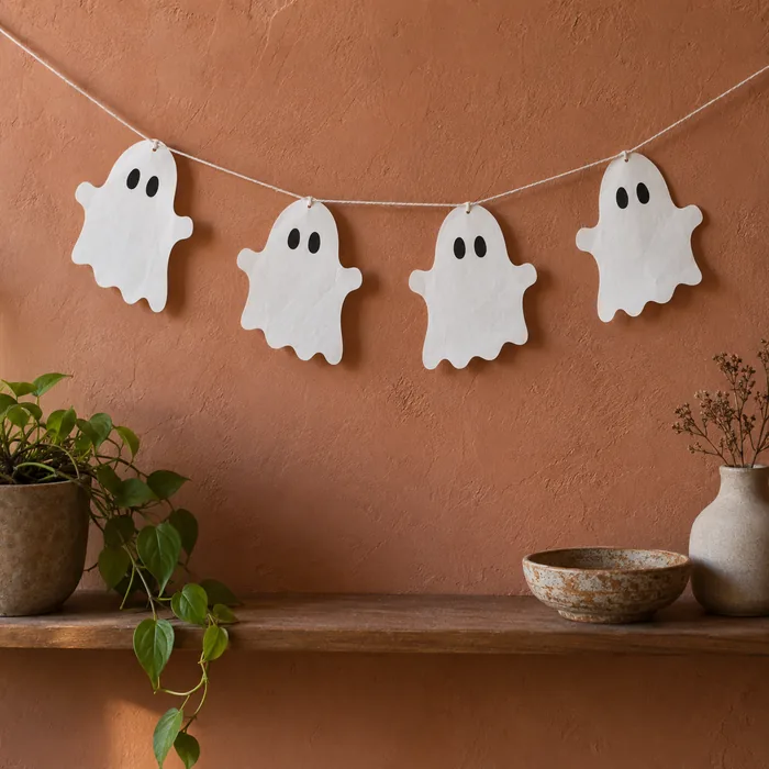 Guirnalda de fantasmas de papel para una decoración de Halloween casera