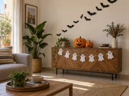 Decoración de Halloween casera con murciélagos, calabazas y fantasmas