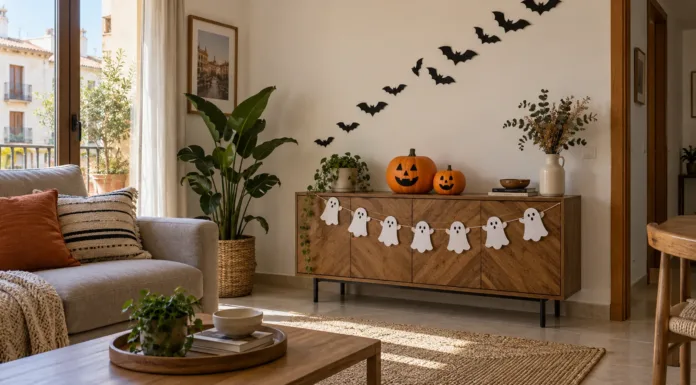Decoración de Halloween casera con murciélagos, calabazas y fantasmas