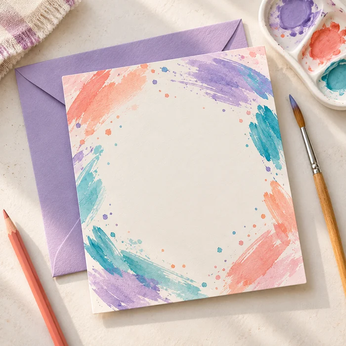 Tarjeta con pinceladas de colores junto a materiales de pintura