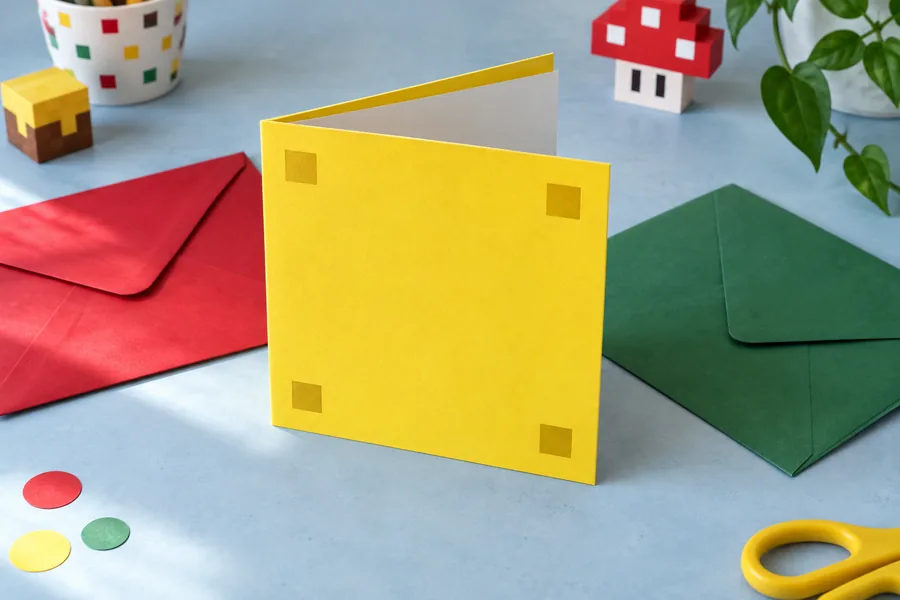 Tarjeta plegada amarilla con interior blanco junto a sobres de colores