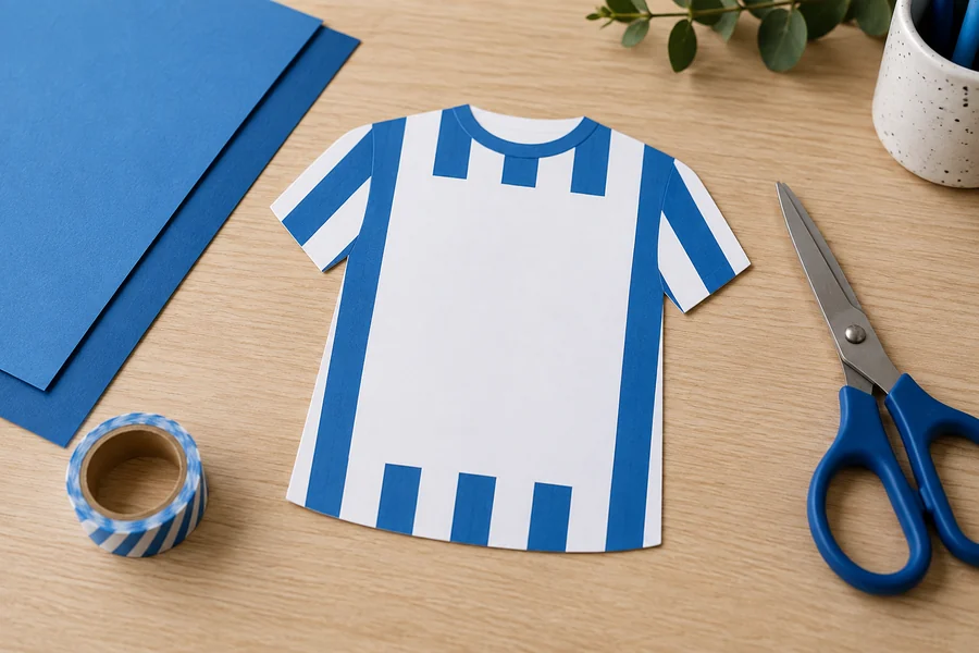Invitación de papel con forma de camiseta de rayas azules y blancas