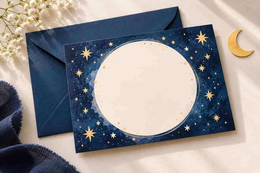 Tarjeta azul con estrellas y espacio central claro para el mensaje