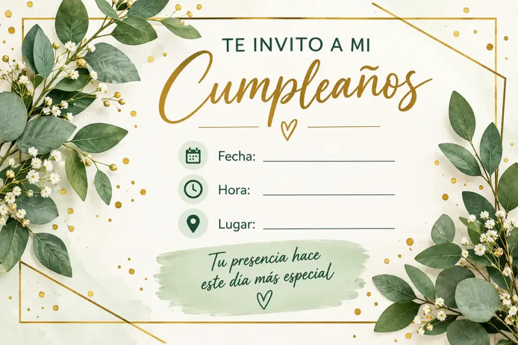 Invitación de cumpleaños para adultos con diseño botánico verde y detalles dorados