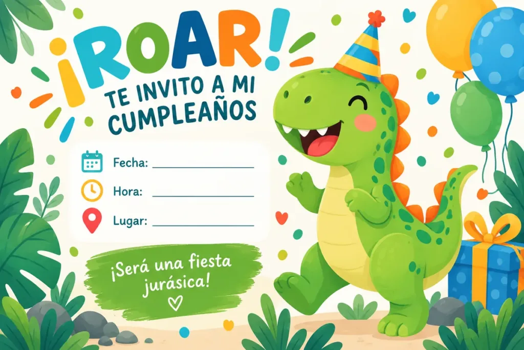 Plantilla infantil de cumpleaños con dinosaurio, globos y datos de la fiesta