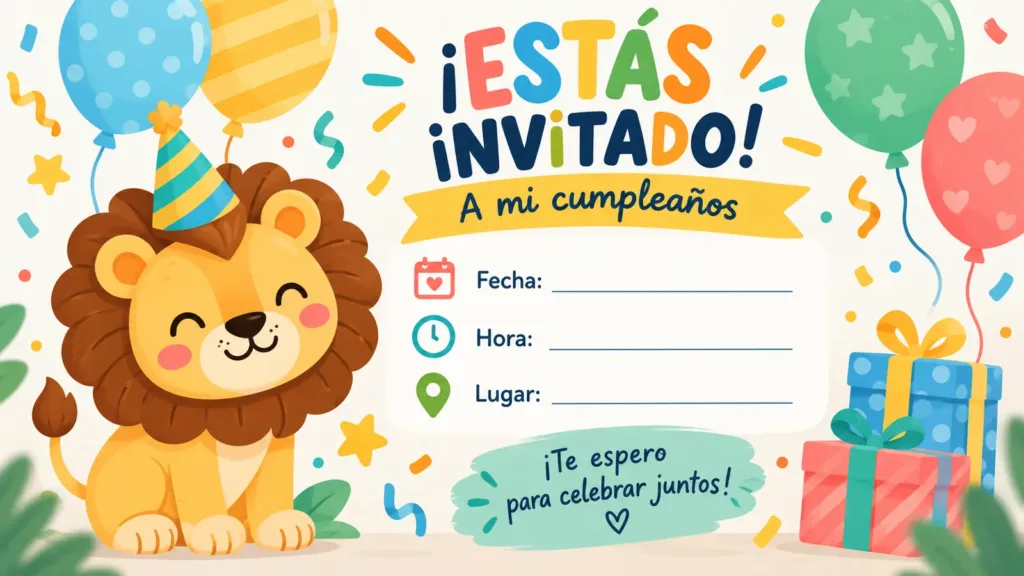 León con gorro de fiesta, globos y regalos de colores