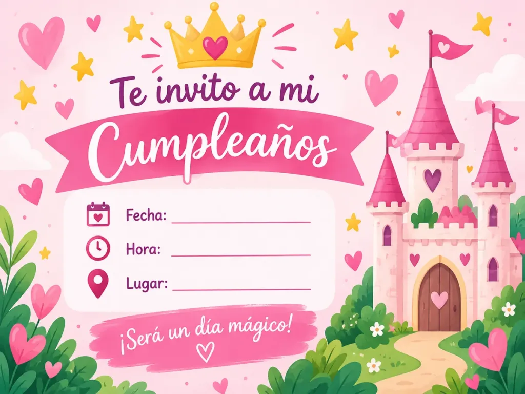 Castillo rosa con corona, corazones y estrellas