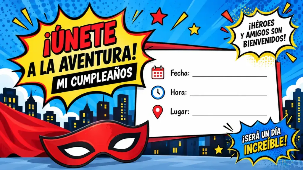 Invitación temática de superhéroes con diseño de cómic y espacio para fecha, hora y lugar