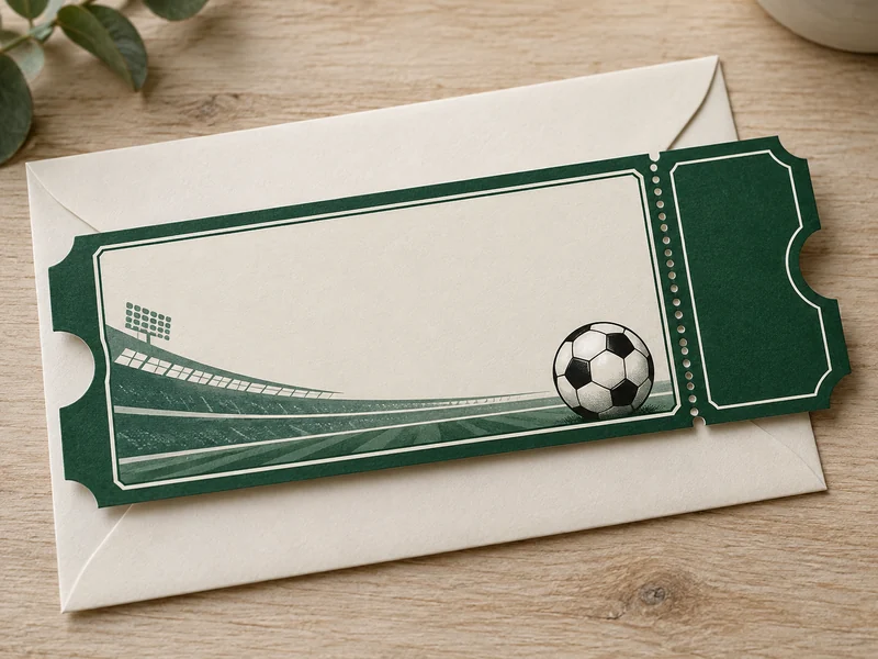 Tarjeta con forma de entrada de estadio y detalle de balón sobre un sobre