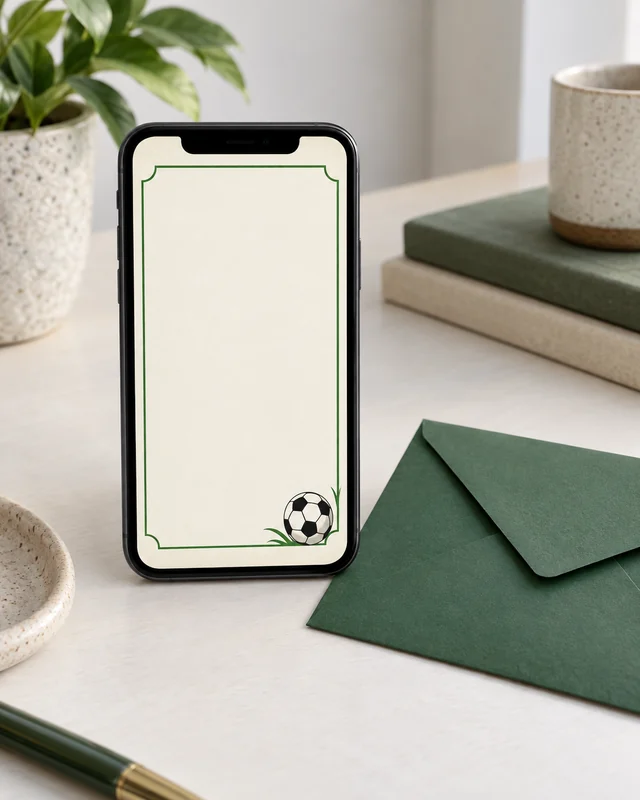 Móvil con un diseño de invitación de fútbol en verde y blanco