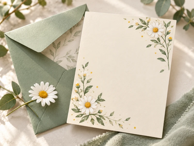 Invitación de papel con margaritas y sobre verde salvia