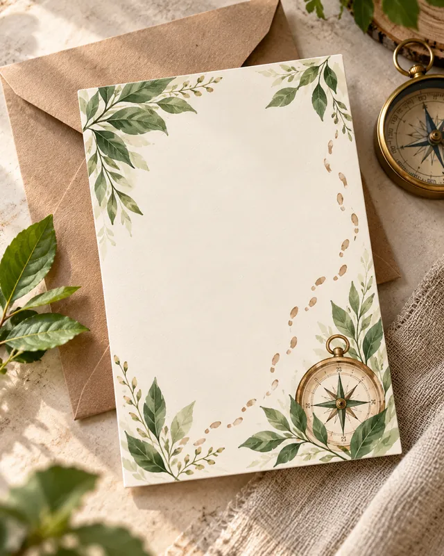 Invitación con hojas y motivo de brújula junto a un sobre kraft