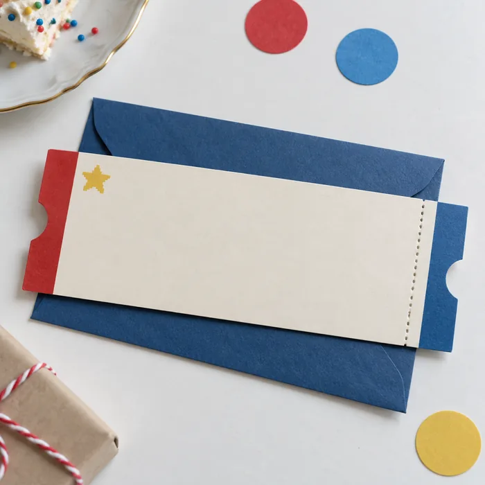 Pase de cartulina con extremos rojos y azules y estrella de píxeles