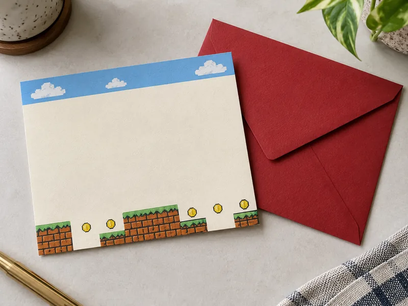 Invitación de cumpleaños de Mario Bros con plataformas de píxeles y sobre rojo